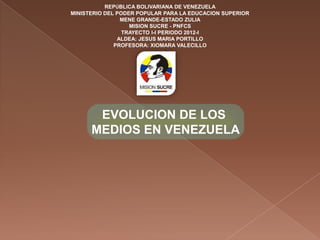 REPÚBLICA BOLIVARIANA DE VENEZUELA
MINISTERIO DEL PODER POPULAR PARA LA EDUCACION SUPERIOR
                MENE GRANDE-ESTADO ZULIA
                   MISION SUCRE - PNFCS
                 TRAYECTO I-I PERIODO 2012-I
               ALDEA: JESUS MARIA PORTILLO
              PROFESORA: XIOMARA VALECILLO




       EVOLUCION DE LOS
      MEDIOS EN VENEZUELA
 