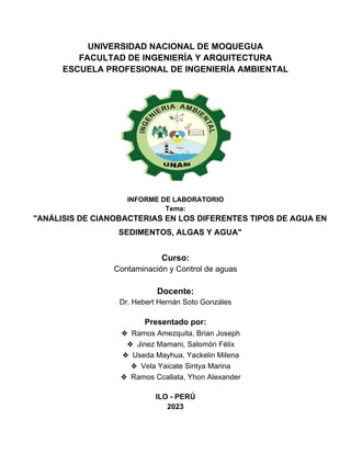 UNIVERSIDAD NACIONAL DE MOQUEGUA
FACULTAD DE INGENIERÍA Y ARQUITECTURA
ESCUELA PROFESIONAL DE INGENIERÍA AMBIENTAL
INFORME DE LABORATORIO
Tema:
"ANÁLISIS DE CIANOBACTERIAS EN LOS DIFERENTES TIPOS DE AGUA EN
SEDIMENTOS, ALGAS Y AGUA"
Curso:
Contaminación y Control de aguas
Docente:
Dr. Hebert Hernán Soto Gonzáles
Presentado por:
❖ Ramos Amezquita, Brian Joseph
❖ Jinez Mamani, Salomón Félix
❖ Useda Mayhua, Yackelin Milena
❖ Vela Yaicate Sintya Marina
❖ Ramos Ccallata, Yhon Alexander
ILO - PERÚ
2023
 