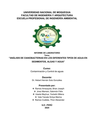 UNIVERSIDAD NACIONAL DE MOQUEGUA
FACULTAD DE INGENIERÍA Y ARQUITECTURA
ESCUELA PROFESIONAL DE INGENIERÍA AMBIENTAL
INFORME DE LABORATORIO
Tema:
"ANÁLISIS DE CIANOBACTERIAS EN LOS DIFERENTES TIPOS DE AGUA EN
SEDIMENTOS, ALGAS Y AGUA"
Curso:
Contaminación y Control de aguas
Docente:
Dr. Hebert Hernán Soto Gonzáles
Presentado por:
❖ Ramos Amezquita, Brian Joseph
❖ Jinez Mamani, Salomón Félix
❖ Useda Mayhua, Yackelin Milena
❖ Vela Yaicate Sintya Marina
❖ Ramos Ccallata, Yhon Alexander
ILO - PERÚ
2024
 