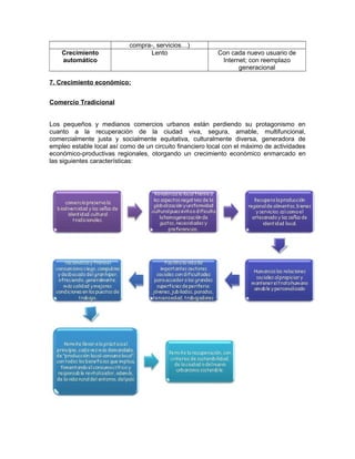 compra-, servicios…)
Crecimiento
automático
Lento Con cada nuevo usuario de
Internet; con reemplazo
generacional
7. Crecimiento económico:
Comercio Tradicional
Los pequeños y medianos comercios urbanos están perdiendo su protagonismo en
cuanto a la recuperación de la ciudad viva, segura, amable, multifuncional,
comercialmente justa y socialmente equitativa, culturalmente diversa, generadora de
empleo estable local así como de un circuito financiero local con el máximo de actividades
económico-productivas regionales, otorgando un crecimiento económico enmarcado en
las siguientes características:
 