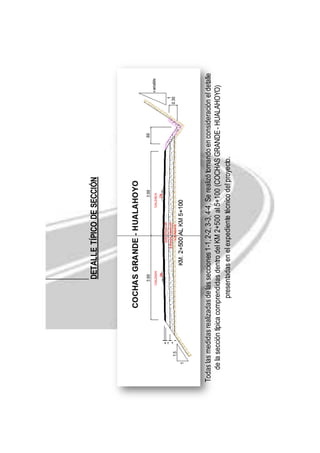 DETALLE TÍPICO DE SECCIÓN 
Todas las medidas realizadas de las secciones 1-1, 2-2, 3-3, 4-4, Se realizó tomando en consideración el detalle 
de la sección típica comprendidas dentro del KM 2+500 al 5+100 (COCHAS GRANDE - HUALAHOYO) 
presentadas en el expediente técnico del proyecto. 
 