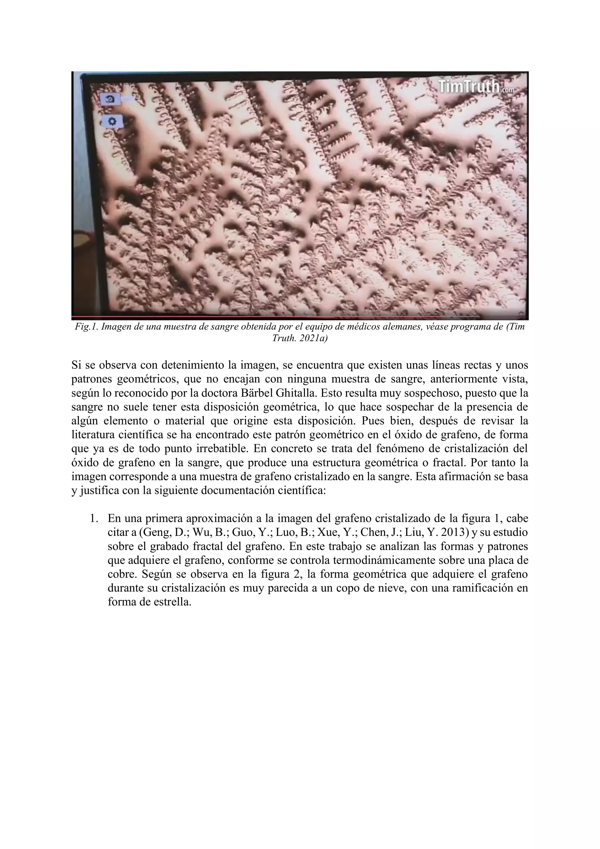 Fig.1. Imagen de una muestra de sangre obtenida por el equipo de médicos alemanes, véase programa de (Tim
Truth. 2021a)
Si se observa con detenimiento la imagen, se encuentra que existen unas líneas rectas y unos
patrones geométricos, que no encajan con ninguna muestra de sangre, anteriormente vista,
según lo reconocido por la doctora Bärbel Ghitalla. Esto resulta muy sospechoso, puesto que la
sangre no suele tener esta disposición geométrica, lo que hace sospechar de la presencia de
algún elemento o material que origine esta disposición. Pues bien, después de revisar la
literatura científica se ha encontrado este patrón geométrico en el óxido de grafeno, de forma
que ya es de todo punto irrebatible. En concreto se trata del fenómeno de cristalización del
óxido de grafeno en la sangre, que produce una estructura geométrica o fractal. Por tanto la
imagen corresponde a una muestra de grafeno cristalizado en la sangre. Esta afirmación se basa
y justifica con la siguiente documentación científica:
1. En una primera aproximación a la imagen del grafeno cristalizado de la figura 1, cabe
citar a (Geng, D.; Wu, B.; Guo, Y.; Luo, B.; Xue, Y.; Chen, J.; Liu, Y. 2013) y su estudio
sobre el grabado fractal del grafeno. En este trabajo se analizan las formas y patrones
que adquiere el grafeno, conforme se controla termodinámicamente sobre una placa de
cobre. Según se observa en la figura 2, la forma geométrica que adquiere el grafeno
durante su cristalización es muy parecida a un copo de nieve, con una ramificación en
forma de estrella.
 