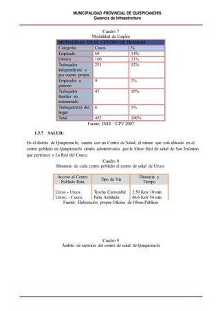MUNICIPALIDAD PROVINCIAL DE QUISPICANCHIS
Gerencia de Infraestructura
Cuadro 7
Modalidad de Empleo
MODALIDAD EN EL CENTRO DE TRABAJO
Categorías Casos %
Empleado 69 14%
Obrero 100 21%
Trabajador
independiente o
por cuenta propia
251 52%
Empleador o
patrono
9 2%
Trabajador
familiar no
remunerado
47 10%
Trabajador(a) del
hogar
6 1%
Total 482 100%
Fuente: INEI – CPV 2007
1.3.7 SALUD:
En el distrito de Quispicanchi, cuenta con un Centro de Salud, el mismo que está ubicado en el
centro poblado de Quispicanchi siendo administrados por la Micro Red de salud de San Jerónimo
que pertenece a La Red del Cusco.
Cuadro 8
Distancia de cada centro poblado al centro de salud de Urcos.
Acceso al Centro
Poblado Ruta
Tipo de Vía
Distancia y
Tiempo
Urcos - Urcos Trocha Carrozable 3.50 Km/ 10 min
Urcos: - Cusco, Pista Asfaltada 46.6 Km/ 56 min
Fuente: Elaboración propia-Oficina de Obras Publicas
Cuadro 9
Ámbito de atención del centro de salud de Quispicanchi
 