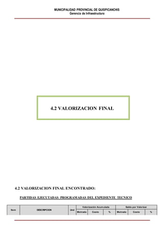 MUNICIPALIDAD PROVINCIAL DE QUISPICANCHIS
Gerencia de Infraestructura
4.2 VALORIZACION FINAL
4.2 VALORIZACION FINAL ENCONTRADO:
PARTIDAS EJECUTADAS PROGRAMADAS DEL EXPEDIENTE TECNICO
Item DESCRIPCION Und
Valorización Acumulada Saldo por Valorizar
Metrado Costo % Metrado Costo %
 