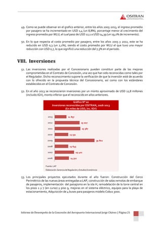 Informe de Desempeño de la Concesión del Aeropuerto Internacional Jorge Chávez | Página 21
49. Como se puede observar en el grafico anterior, entre los años 2005-2013, el ingreso promedio
por pasajero se ha incrementado en USD 1,4 (un 8,8%), porcentaje menor al crecimiento del
ingreso promedio por WLU, el cual paso de USD 12,1 a USD 14,39 (un 19,2% de incremento).
50. En lo que respecta al costo promedio por pasajero, entre los años 2005 y 2012, este se ha
reducido en USD 0,3 (un 2,1%), siendo el costo promedio por WLU el que tuvo una mayor
reducción con USD 0,7, lo que significó una reducción del 7,3% en el periodo.
VIII. Inversiones
51. Las inversiones realizadas por el Concesionario pueden constituir parte de las mejoras
comprometidas en el Contrato de Concesión, una vez que han sido reconocidas como tales por
el Regulador. Dicho reconocimiento supone la verificación de que la inversión esté de acuerdo
con lo ofrecido en la propuesta técnica del Concesionario, así como con los estándares
establecidos en el Contrato de Concesión.
52. En el año 2013 se reconocieron inversiones por un monto aproximado de USD 11,8 millones
(incluido IGV), monto inferior que el reconocido en años anteriores.
Gráfico N° 10
Inversiones reconocidas por OSITRAN, 2006-2013
(En miles de USD, inc. IGV)
53. Los principales proyectos ejecutados durante el año fueron: Construcción del Cerco
Perimétrico de las nuevas áreas entregadas a LAP, construcción de salas remotas de embarque
de pasajeros, implementación del paisajismo en la isla H, remodelación de la torre central en
los pisos 1 y 7 (en curso) y piso 9, mejoras en el sistema eléctrico, equipos para la playa de
estacionamiento, Adquisición de 4 buses para pasajeros modelo Cobus 3000.
Fuente: LAP
Elaboración: Gerencia de Regulacióny Estudios Económicos
14 312
19 402
13 645
39 802
13 531
25 587
25 007
11 857
2006
2007
2008
2009
2010
2011
2012
2013
 