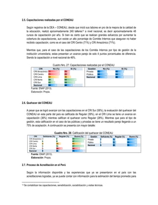 2.5. Capacitaciones realizadas por el CONEAU
Según registros de la DEA – CONEAU, desde que inició sus labores en pro de la mejora de la calidad de
la educación, realizó aproximadamente 240 talleres13 a nivel nacional, es decir aproximadamente 48
cursos de capacitación por año. Si bien es cierto que se realizan grandes esfuerzos por aumentar la
cobertura de capacitaciones, aun existe un alto porcentaje de Comités Internos que aseguran no haber
recibido capacitación, como es el caso del CRI Centro (71%) y CRI Amazónico (71%).
Mientras que, para el caso de las capacitaciones de los Comités Internos por tipo de gestión de la
institución universitaria, estas presentan un avance parejo de solo 4 puntos porcentuales de diferencia.
Siendo la capacitación a nivel nacional de 46%.
Cuadro Nro. 27: Capacitaciones realizadas por el CONEAU
Fuente: ENAP (2013).
Elaboración: Propia.
2.6. Quehacer del CONEAU
A pesar que se logró avanzar con las capacitaciones en el CRI Sur (58%), la evaluación del quehacer del
CONEAU en esta parte del país es calificada de Regular (39%), en el CRI Lima se tiene un avance en
capacitación (36%) mientras califican el quehacer como Regular (28%). Mientras que para el tipo de
gestión, esta calificación en el caso de las públicas y privadas se tiene un resultado parejo llegando a un
75% de aceptación. A continuación se presenta con mayor detalle:
Cuadro Nro. 28: Calificación del quehacer del CONEAU
Fuente: ENAP (2013).
Elaboración: Propia.
2.7. Proceso de Acreditación en el Perú
Según la información disponible y las experiencias que ya se presentaron en el país con las
acreditaciones logradas, ya se puede contar con información para la estimación del tiempo promedio para
13 Se contabilizan las capacitaciones, sensibilización, sociabilización y visitas técnicas.
CRI No (%) Sí (%)
CRI Amazónico 71 29
CRI Centro 71 29
CRI Lima 64 36
CRI Norte 34 66
CRI Sur 42 58
Nacional 54 46
Gestión No (%) Sí (%)
Privada 52 48
Pública 56 44
Nacional 54 46
CRI Deficiente (%) Regular (%) Bueno (%)
CRI Amazónico 0 6 94
CRI Centro 4 9 87
CRI Lima 8 28 63
CRI Norte 3 10 87
CRI Sur 3 39 58
Nacional 5 20 75
Gestión Deficiente (%) Regular (%) Bueno (%)
Privada 7 18 75
Pública 3 22 75
Nacional 5 20 75
 