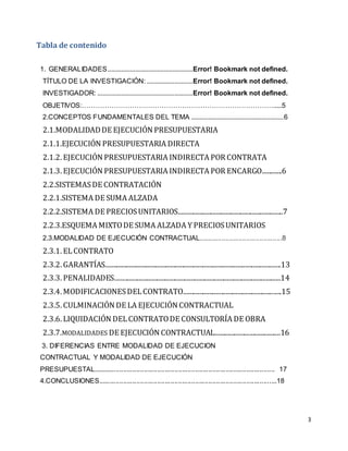3
Tabla de contenido
1. GENERALIDADES..................................................Error! Bookmark not defined.
TÍTULO DE LA INVESTIGACIÓN: ...........................Error! Bookmark not defined.
INVESTIGADOR: ........................................................Error! Bookmark not defined.
OBJETIVOS:………………………………………………………………………….....5
2.CONCEPTOS FUNDAMENTALES DEL TEMA ......................................................6
2.1.MODALIDADDE EJECUCIÓN PRESUPUESTARIA
2.1.1.EJECUCIÓN PRESUPUESTARIA DIRECTA
2.1.2. EJECUCIÓN PRESUPUESTARIA INDIRECTA POR CONTRATA
2.1.3. EJECUCIÓN PRESUPUESTARIA INDIRECTA POR ENCARGO............6
2.2.SISTEMASDE CONTRATACIÓN
2.2.1.SISTEMA DE SUMA ALZADA
2.2.2.SISTEMA DE PRECIOSUNITARIOS................................................................7
2.2.3.ESQUEMA MIXTODE SUMA ALZADA Y PRECIOSUNITARIOS
2.3.MODALIDAD DE EJECUCIÓN CONTRACTUAL............................................8
2.3.1. ELCONTRATO
2.3.2. GARANTÍAS............................................................................................................13
2.3.3. PENALIDADES......................................................................................................14
2.3.4. MODIFICACIONESDELCONTRATO............................................................15
2.3.5. CULMINACIÓN DE LA EJECUCIÓN CONTRACTUAL
2.3.6. LIQUIDACIÓN DELCONTRATODE CONSULTORÍA DE OBRA
2.3.7.MODALIDADES DE EJECUCIÓN CONTRACTUAL........................................16
3. DIFERENCIAS ENTRE MODALIDAD DE EJECUCION
CONTRACTUAL Y MODALIDAD DE EJECUCIÓN
PRESUPUESTAL................................................................................................ 17
4.CONCLUSIONES..............................................................................................18
 
