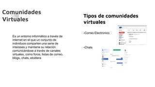 Comunidades
Virtuales
Tipos de comunidades
virtuales
-Correo Electronico
-Chats
Es un entorno informático a través de
internet en el que un conjunto de
individuos comparten una serie de
intereses y mantiene su relación
comunicándose a través de canales
virtuales, como foros, listas de correo,
blogs, chats, etcétera
 