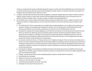maestras, me pude percatar que tienen dificultad leyendo los mapas curriculares. Otro de las debilidades que se encontraron es en
la creación de ejercicios que vayan de acuerdo a la profundidad que el grado requiere. Las maestras necesitan mucho apoyo en la
integración de la tecnología ya que no dominan la misma.
 Las labores realizadas para esta primera fase fueron las siguientes: creación de módulos (ejercicios), apoyo a maestros cuando se
ausentan, apoyo a maestro en sala de clase, coordinar taller del software Destino Matemática, crear tutorial para entrar a la
plataforma IntraEdu, entregar mapas curriculares y ayudar en tabulación de pruebas diagnóstica.
 Se recomienda que los maestros sigan fortaleciendo las destrezas básicas de Matemáticas, que se le asigne un ayudante a cada
maestro para atender el rezago académico, así como continuar ofreciendo los servicios de coaching, mentoría y apoyo a cada
maestro.
 En el salón de la Sra. Rivera se pudo publicar los resultados de las pruebas diagnósticas y los resultados de las pruebas que se
hicieron en ThatQuiz con las destrezas de multiplicación y división. Se le hizo entrega a la Sra. Nieves de 8vo ejercicios de
práctica para identificar funciones lineales, esto ejercicios van acorde con los de las PPAA de años anteriores.
 Se publicó los resultados de las pruebas diagnósticas y el informe de las primeras 10, 20 y 30 semanas en los salones de la Sra.
Rivera, Sra. Bonilla y Sra. Nieves para que los estudiantes pudieran verlas de tal manera que puedan reflexionar sobre su
aprovechamiento académico. Se dialogó con las maestras para implementar distintas estrategias para hacer la clase más
divertida para que los estudiantes puedan participar todos en el tema del día pero que a su vez sea significativo para ellos y
puedan aclarar dudas a través del juego por sus propios pares.
 Se comenzó el periodo de refuerzo con el grupo de 6to y 7mo. El objetivo principal es reforzar las destrezas de multiplicación y
división. Se le estuvo haciendo entrega al coach de matemática módulos con ejemplos y ejercicios de práctica para encaminar al
estudiante en estas destrezas. Como parte del refuerzo se llevó al grupo de 7mo al salón de tecnología para que practicaran en
la plataforma ThatQuiz con ejercicios de multiplicación, división y exponentes en diferentes niveles preparándolos para el tema
de orden de operaciones.
 En 6to grado se trabajó con manipulativo de simplificación de fracciones donde estos tenían que simplificar fracciones para
luego pintar los resultados según una leyenda de colores para formar un dinosaurio esto se hizo como trabajo cooperativo entre
dos o tres estudiantes por grupo.
 Trabajar con grupo de 6to y 8vo de manera individualizada para mejorar el aprovechamiento académico
 Clase demostrativa a 8vo grado
 Planificación semanal con maestra de 6to y 8vo
 Trabajar en “team teaching” en 6to grado
 Dar y tabular post prueba de enero a 6to, 7mo y 8vo
 Tabulación de “assessment” diarios 6to y 7mo
 
