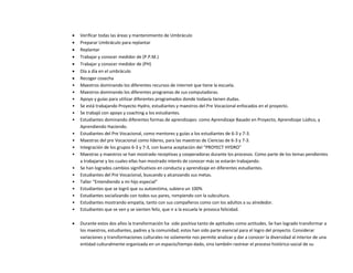  Verificar todas las áreas y mantenimiento de Umbráculo
 Preparar Umbráculo para replantar
 Replantar
 Trabajar y conocer medidor de (P.P.M.)
 Trabajar y conocer medidor de (PH)
 Día a día en el umbráculo
 Recoger cosecha
• Maestros dominando los diferentes recursos de internet que tiene la escuela.
• Maestros dominando los diferentes programas de sus computadoras.
• Apoyo y guías para utilizar diferentes programados donde todavía tienen dudas.
• Se está trabajando Proyecto Hydro, estudiantes y maestros del Pre Vocacional enfocados en el proyecto.
• Se trabajó con apoyo y coaching a los estudiantes.
• Estudiantes dominando diferentes formas de aprendizajes: como Aprendizaje Basado en Proyecto, Aprendizaje Lúdico, y
Aprendiendo Haciendo.
• Estudiantes del Pre Vocacional, como mentores y guías a los estudiantes de 6-3 y 7-3.
• Maestras del pre Vocacional como líderes, para las maestras de Ciencias de 6-3 y 7-3.
• Integración de los grupos 6-3 y 7-3, con buena aceptación del “PROYECT HYDRO”
• Maestras y maestros se han mostrado receptivas y cooperadoras durante los procesos. Como parte de los temas pendientes
a trabajarse y los cuales ellas han mostrado interés de conocer más se estarán trabajando.
• Se han logrados cambios significativos en conducta y aprendizaje en diferentes estudiantes.
• Estudiantes del Pre Vocacional, buscando y alcanzando sus metas.
• Taller “Entendiendo a mi hijo especial”
• Estudiantes que se logró que su autoestima, subiera un 100%
• Estudiantes socializando con todos sus pares, rompiendo con la subcultura.
• Estudiantes mostrando empatía, tanto con sus compañeros como con los adultos a su alrededor.
• Estudiantes que se ven y se sienten feliz, que ir a la escuela le provoca felicidad.
 Durante estos dos años la transformación ha sido positiva tanto de aptitudes como actitudes. Se han logrado transformar a
los maestros, estudiantes, padres y la comunidad; estos han sido parte esencial para el logro del proyecto. Considerar
variaciones y transformaciones culturales no solamente nos permite analizar y dar a conocer la diversidad al interior de una
entidad culturalmente organizada en un espacio/tiempo dado, sino también rastrear el proceso histórico-social de su
 