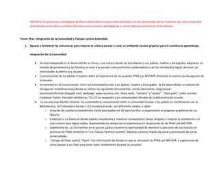 Identificar las prácticas y estrategias de desarrollo profesional que están alineadas con las necesidades de los maestros de como promueve
aprendizajes profundos y cambios efectivos en las prácticas pedagógicas y tienen efectos positivos en el estudiante.
Tercer Pilar: Integración de la Comunidad y Tiempo Lectivo Extendido
1. Apoyar y fortalecer las estructuras para mejorar la cultura escolar y crear un ambiente escolar propicio para la enseñanza-aprendizaje.
Integración de la Comunidad
 Se está trabajando en el desarrollo de un clima y una cultura donde los estudiantes y sus padres, madres y encargados adquieran un
sentido de pertenencia y las familias se unan a la escuela como estrechos colaboradores y así los estudiantes logren alcanzar sus
necesidades académicas y sociales.
 Concienciación de los padres y madres sobre la importancia de las pruebas PPAA y/o METAPR utilizando el sistema de divulgación de
la escuela.
 Incremento en la comunicación entre la Comunidad escolar y los padres, madres y encargados. Se ha desarrollado un sistema de
divulgación multidireccional donde se utilizan las siguientes herramientas: correo electrónico, blog escolar:
loscolososinforman.blogspot.com, webpage: www.lajuanra.com, share walls, “banners” y “poster”, “data walls”, redes sociales:
Facebook-Twiter, llamadas telefónicas, TV LCD en recepción y los comunicados oficiales de la administración escolar.
 La escuela Juan Ramón Jiménez ha aumentado la comunicación entre la comunidad escolar y los padres en coordinación con la
Bibliotecaria, La Trabajadora Escolar y el Consejero Escolar, por diferentes medios a saber:
o Creación de cuentas en plataforma Portal para padres en SIE para facilitar su seguimiento al progreso académico de sus
hijos/as
o Invitación a un Vivencial donde padres, estudiantes y maestros compartieron temas dirigidos a mejorar la autoestima y el
auto control para lograr metas, relacionando los temas con la importancia en la ejecución de las PPAA y/o METAPR.
o Celebración de un Día Familiar en el que los padres tuvieron la oportunidad de observar la ejecución de sus hijos/as en
prácticas de PPAA mediante el “Los Colosos Extreme Contest” Además tuvieron charlas de salud y orientación de varias
universidades.
o Entrega de hojas sueltas “flyers” con información de fechas en que se ofrecerán las PPAA y/o METAPR. y sugerencias de
cómo apoyar a sus hijos para tener buen rendimiento durante las pruebas.
 