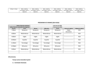 3:45pm-5:15pm Baile, robótica,
tecnología, teatro y
deportes
Baile, robótica,
tecnología, teatro y
deportes
Baile, robótica,
tecnología, teatro y
deportes
Baile, robótica,
tecnología, teatro y
deportes
Baile, robótica,
tecnología, teatro y
deportes
Baile, robótica,
tecnología, teatro y
deportes
PROGRAMA DE VERANO (2014-2016)
Indicar Fecha de comienzo: 6 de junio de 2016
Indicar fecha de conclusión de programa: 17 de junio de 2016
Horario Lunes Martes Miércoles Jueves Viernes (si aplica) Sábado (si aplica)
7:00am Desayuno Desayuno Desayuno Desayuno Viajes
educativos
N/A
8:00am Matemáticas Matemáticas Matemáticas Matemáticas ------------------------
-
N/A
9:00am Inglés Inglés Inglés Inglés ------------------------
-
N/A
10:00am Español Español Español Español ------------------------
-
N/A
11:00am Tecnología Tecnología Tecnología Tecnología ------------------------
-
N/A
12:00pm Almuerzo Almuerzo Almuerzo Almuerzo ------------------------
-
N/A
8:00am Matemáticas Matemáticas Matemáticas Matemáticas ------------------------
-
N/A
Ofrecimientos
Tiempo Lectivo Extendido Español
1) Actividades Realizadas
 