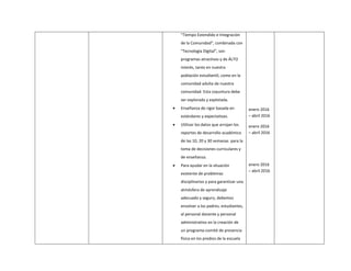 “Tiempo Extendido e Integración
de la Comunidad”, combinada con
“Tecnología Digital”, son
programas atractivos y de ÁLTO
interés, tanto en nuestra
población estudiantil, como en la
comunidad adulta de nuestra
comunidad. Esta coyuntura debe
ser explorada y explotada.
 Enseñanza de rigor basada en
estándares y expectativas.
 Utilizar los datos que arrojan los
reportes de desarrollo académico
de las 10, 20 y 30 semanas para la
toma de decisiones curriculares y
de enseñanza.
 Para ayudar en la situación
existente de problemas
disciplinarios y para garantizar una
atmósfera de aprendizaje
adecuado y seguro, debemos
envolver a los padres, estudiantes,
al personal docente y personal
administrativo en la creación de
un programa-comité de presencia
física en los predios de la escuela
enero 2016
– abril 2016
enero 2016
– abril 2016
enero 2016
– abril 2016
 