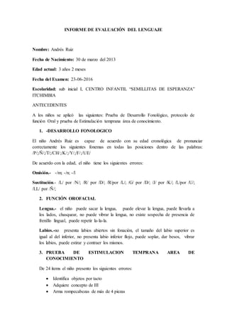 INFORME DE EVALUACIÓN DEL LENGUAJE
Nombre: Andrés Ruiz
Fecha de Nacimiento: 30 de marzo del 2013
Edad actual: 3 años 2 meses
Fecha del Examen: 23-06-2016
Escolaridad: sub inicial I, CENTRO INFANTIL “SEMILLITAS DE ESPERANZA”
ITCHIMBIA
ANTECEDENTES
A los niños se aplicó las siguientes: Prueba de Desarrollo Fonológico, protocolo de
función Oral y prueba de Estimulación temprana área de conocimiento.
1. -DESARROLLO FONOLOGICO
El niño Andrés Ruiz es capaz de acuerdo con su edad cronológica de pronunciar
correctamente los siguientes fonemas en todas las posiciones dentro de las palabras:
/P/;/Ñ/;/T/;/CH/;/K/;/Y/;/F/;/UE/
De acuerdo con la edad, el niño tiene los siguientes errores:
Omisión.- -/m; -/n; -/l
Sustitución.- /L/ por /N/; /R/ por /D/; /R/por /L/; /G/ por /D/; /J/ por /K/; /L/por /U/;
/LL/ por /Ñ/;
2. FUNCIÓN OROFACIAL
Lengua.- el niño puede sacar la lengua, puede elevar la lengua, puede llevarla a
los lados, chasquear, no puede vibrar la lengua, no existe sospecha de presencia de
frenillo lingual, puede repetir la-la-la.
Labios.-no presenta labios abiertos sin fonación, el tamaño del labio superior es
igual al del inferior, no presenta labio inferior flojo, puede soplar, dar besos, vibrar
los labios, puede estirar y contraer los mismos.
3. PRUEBA DE ESTIMULACION TEMPRANA AREA DE
CONOCIMIENTO
De 24 ítems el niño presento los siguientes errores:
 Identifica objetos por tacto
 Adquiere concepto de III
 Arma rompecabezas de más de 4 piezas
 