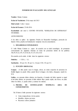INFORME DE EVALUACIÓN DEL LENGUAJE
Nombre: Matías Centeno
Fecha de Nacimiento: 20 de mayo del 2013
Edad actual: 3 años 1 meses
Fecha del Examen: 23-06-2016
Escolaridad: sub nivel I, CENTRO INFANTIL “SEMILLITAS DE ESPERANZA”
ITCHIMBIA
ANTECEDENTES
A los niños se aplicó las siguientes: Prueba de Desarrollo Fonológico, protocolo de
función Oral y prueba de Estimulación temprana área de conocimiento.
1. DESARROLLO FONOLOGICO
E l niño Matías Centeno es capaz de acuerdo con su edad cronológica de pronunciar
correctamente los siguientes fonemas en todas las posiciones dentro de las palabras:
/M/;/P/;/N/;/L/;/Ñ/;/T/;/CH/;/K/;/Y/;/F/;/UA/;/UE/
De acuerdo con la edad, el niño tiene los siguientes errores:
Omisión.- - / f (Fr) ; - / d ;
Sustitución.- /B/ por /G/; /R/ por /L/; /LL/por /CH/; /O/ por /U/;
2. FUNCIÓN OROFACIAL
Lengua.- el niño puede sacar la lengua, elevar, no existe sospecha de presencia de
frenillo lingual, no puede vibrar, puede llevar la lengua a los lados, chasquear, repetir la-
la-la.
Labios.- no presenta labios abiertos sin fonación, el tamaño del labio superior es igual
al del labio inferior, no presenta el labio inferior flojo, puede soplar, dar besos, no pude
vibrar los labios, si puede estirar y contraer los mismos.
3. PRUEBA DE ESTIMULACION TEMPRANA AREA DE
CONOCIMIENTO
De 24 ítems el niño presento los siguientes errores:
 Arma rompecabezas de tres partes
 Identifica objetos por tacto
 Reconoce colores primarios
 