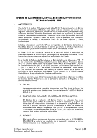 Informe de evaluación del sistema de control interno de una entidad ...