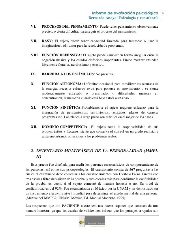 Informe de evaluacion psicologia @ ejemplo