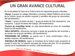 UN GRAN AVANCE CULTURAL
En la actualidad la Casa de la Cultura tiene los siguientes grupos culturales:
•Danza: 2 grupos en colegio (Semillero y jóvenes), Ballet Folklórico de la Casa
de la Cultura, grupo de adultos mayores y semillero del grupo de caminantes.
(80 beneficiarios)
•Teatro: 1 grupo de teatro de piso, 1 grupo de teatro de Aire (zanqueros), una
comparsa, 1 grupo de teatro del Colegio. (90 beneficiarios)
•Cursos de maquillaje facial: se esta desarrollando el curso de maquillaje
facial con 80 beneficiarios.
•SALA INFANTIL: ofrecemos servicios a todas las guarderías del municipio y
se cuenta con el grupo semillitas. (80 beneficiarios)
•PROGRAMA DE COROS: se cuenta con 2 coros conformados niños y
adultos mayores. (40 beneficiarios)
•ESCUELA DE MÙSICA: según el ministerio de la Cultura esta ocupando el
puesto 8 entre las 10 mejores escuelas de música del país. En la actualidad
cuenta con 6 modalidades en música. (350 beneficiarios)
 