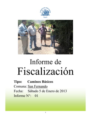 Informe de
  Fiscalización
Tipo:   Caminos Básicos
Comuna: San Fernando
Fecha: Sábado 5 de Enero de 2013
Informe N°: 01



                  1
 