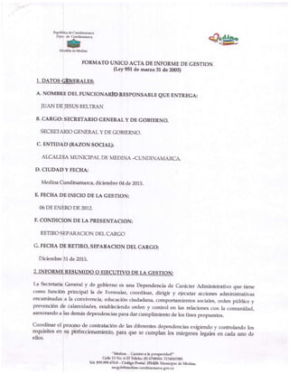 Informe de Gestión - Alcaldia - 2012/2015 - Medina - Cundinamarca