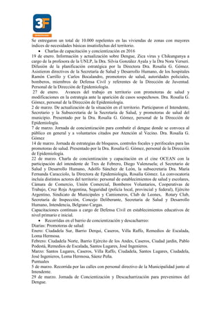Se entregaron un total de 10.000 repelentes en las viviendas de zonas con mayores
índices de necesidades básicas insatisfechas del territorio.
 Charlas de capacitación y concientización en 2016
19 de enero. Información y actualización sobre Dengue, Zica virus y Chikungunya a
cargo de la profesora de la UNLP, la Dra. Silvia González Ayala y la Dra Nora Verseri.
Difusión de la planificación estratégica por la Directora Dra. Rosalía G. Gómez.
Asistieron directivos de la Secretaría de Salud y Desarrollo Humano, de los hospitales
Ramón Carrillo y Carlos Bocalandro, promotores de salud, autoridades policiales,
bomberos, miembros de Defensa Civil y referentes de la Dirección de Juventud.
Personal de la Dirección de Epidemiología.
27 de enero. Avances del trabajo en territorio con promotoras de salud y
modificaciones en la estrategia ante la aparición de casos sospechosos. Dra. Rosalía G.
Gómez, personal de la Dirección de Epidemiología.
2 de marzo. De actualización de la situación en el territorio. Participaron el Intendente,
Secretario y la Subsecretaria de la Secretaría de Salud, y promotoras de salud del
municipio. Presentado por la Dra. Rosalía G. Gómez, personal de la Dirección de
Epidemiología.
7 de marzo. Jornada de concientización para combatir el dengue donde se convoca al
público en general y a voluntarios citados por Atención al Vecino. Dra. Rosalía G.
Gómez
14 de marzo. Jornada de estrategias de bloqueos, controles focales y perifocales para las
promotoras de salud. Presentado por la Dra. Rosalía G. Gómez, personal de la Dirección
de Epidemiología.
22 de marzo. Charla de concientización y capacitación en el cine OCEAN con la
participación del intendente de Tres de Febrero, Diego Valenzuela; el Secretario de
Salud y Desarrollo Humano, Adolfo Sánchez de León, la subsecretaria Dra. María
Fernanda Caracciolo, la Directora de Epidemiología, Rosalía Gómez. La convocatoria
incluía distintos actores del territorio: personal de establecimientos de salud y escolares,
Cámara de Comercio, Unión Comercial, Bomberos Voluntarios, Cooperativas de
Trabajo, Cruz Roja Argentina, Seguridad (policía local, provincial y federal), Ejército
Argentino, Sindicato de Municipales y Camioneros, Club de Leones, Rotary Club,
Secretaría de Inspección, Concejo Deliberante, Secretaría de Salud y Desarrollo
Humano, Intendencia, Belgrano Cargas.
Capacitaciones contínuas a cargo de Defensa Civil en establecimientos educativos de
nivel primario e inicial.
 Recorridas en el barrio de concientización y descacharreo:
Diarias: Promotoras de salud:
Enero: Ciudadela Sur, Barrio Derqui, Caseros, Villa Raffo, Remedios de Escalada,
Loma Hermosa.
Febrero: Ciudadela Norte, Barrio Ejército de los Andes, Caseros, Ciudad jardín, Pablo
Podestá, Remedios de Escalada, Santos Lugares, José Ingenieros.
Marzo: Santos Lugares, Caseros, Villa Raffo, Ciudadela, Santos Lugares, Ciudadela,
José Ingenieros, Loma Hermosa, Sáenz Peña.
Puntuales
5 de marzo. Recorrida por las calles con personal directivo de la Municipalidad junto al
Intendente.
29 de marzo. Jornada de Concientización y Descacharrización para prevenirnos del
Dengue.
 