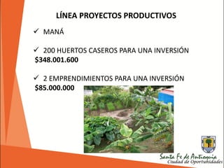 LÍNEA PROYECTOS PRODUCTIVOS
 MANÁ
 200 HUERTOS CASEROS PARA UNA INVERSIÓN
$348.001.600
 2 EMPRENDIMIENTOS PARA UNA INVERSIÓN
$85.000.000
 