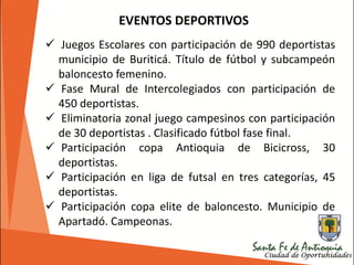 EVENTOS DEPORTIVOS
 Juegos Escolares con participación de 990 deportistas
municipio de Buriticá. Título de fútbol y subcampeón
baloncesto femenino.
 Fase Mural de Intercolegiados con participación de
450 deportistas.
 Eliminatoria zonal juego campesinos con participación
de 30 deportistas . Clasificado fútbol fase final.
 Participación copa Antioquia de Bicicross, 30
deportistas.
 Participación en liga de futsal en tres categorías, 45
deportistas.
 Participación copa elite de baloncesto. Municipio de
Apartadó. Campeonas.
 