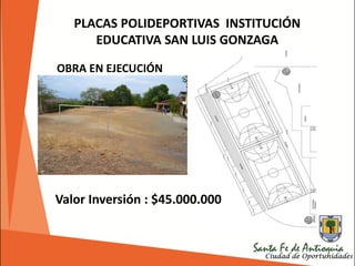 PLACAS POLIDEPORTIVAS INSTITUCIÓN
EDUCATIVA SAN LUIS GONZAGA
OBRA EN EJECUCIÓN
Valor Inversión : $45.000.000
 