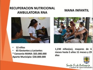 MANA INFANTIL
1,230 niños(as), mayores de 6
meses hasta 5 años 11 meses y 29
días
• 12 niños
• 65 Gestantes y Lactantes
* Convenio MANA: $65.000.000
Aporte Municipio: $30.000.000
RECUPERACION NUTRICIONAL
AMBULATORIA RNA
 