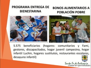 5.575 beneficiarios (hogares: comunitarios y Fami,
gestores, discapacitados, hogar juvenil campesino, hogar
infantil Luchin, hogares sustitutos, restaurantes escolares,
desayuno infantil)
PROGRAMA ENTREGA DE
BIENESTARINA
BONOS ALIMENTARIOS A
POBLACIÓN POBRE
 