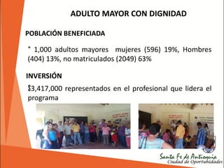 ADULTO MAYOR CON DIGNIDAD
* 1,000 adultos mayores mujeres (596) 19%, Hombres
(404) 13%, no matriculados (2049) 63%
POBLACIÓN BENEFICIADA
INVERSIÓN
$3,417,000 representados en el profesional que lidera el
programa
 