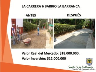 LA CARRERA 6 BARRIO LA BARRANCA
ANTES DESPUÉS
Valor Inversión: $12.000.000
Valor Real del Mercado: $18.000.000.
 