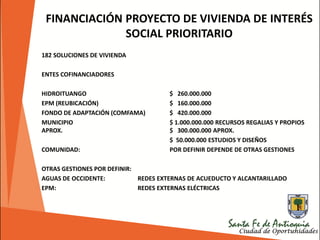 FINANCIACIÓN PROYECTO DE VIVIENDA DE INTERÉS
SOCIAL PRIORITARIO
182 SOLUCIONES DE VIVIENDA
ENTES COFINANCIADORES
HIDROITUANGO $ 260.000.000
EPM (REUBICACIÓN) $ 160.000.000
FONDO DE ADAPTACIÓN (COMFAMA) $ 420.000.000
MUNICIPIO $ 1.000.000.000 RECURSOS REGALIAS Y PROPIOS
APROX. $ 300.000.000 APROX.
$ 50.000.000 ESTUDIOS Y DISEÑOS
COMUNIDAD: POR DEFINIR DEPENDE DE OTRAS GESTIONES
OTRAS GESTIONES POR DEFINIR:
AGUAS DE OCCIDENTE: REDES EXTERNAS DE ACUEDUCTO Y ALCANTARILLADO
EPM: REDES EXTERNAS ELÉCTRICAS
 