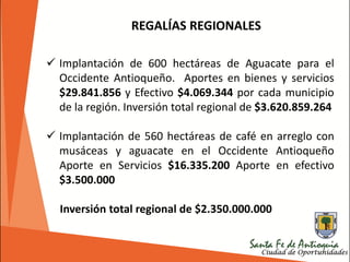 REGALÍAS REGIONALES
 Implantación de 600 hectáreas de Aguacate para el
Occidente Antioqueño. Aportes en bienes y servicios
$29.841.856 y Efectivo $4.069.344 por cada municipio
de la región. Inversión total regional de $3.620.859.264
 Implantación de 560 hectáreas de café en arreglo con
musáceas y aguacate en el Occidente Antioqueño
Aporte en Servicios $16.335.200 Aporte en efectivo
$3.500.000
Inversión total regional de $2.350.000.000
 