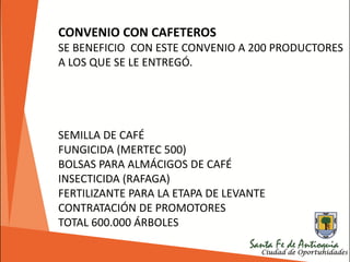 CONVENIO CON CAFETEROS
SE BENEFICIO CON ESTE CONVENIO A 200 PRODUCTORES
A LOS QUE SE LE ENTREGÓ.
SEMILLA DE CAFÉ
FUNGICIDA (MERTEC 500)
BOLSAS PARA ALMÁCIGOS DE CAFÉ
INSECTICIDA (RAFAGA)
FERTILIZANTE PARA LA ETAPA DE LEVANTE
CONTRATACIÓN DE PROMOTORES
TOTAL 600.000 ÁRBOLES
 