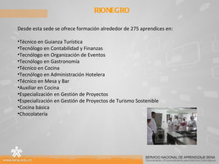 RIONEGRO Desde esta sede se ofrece formación alrededor de 275 aprendices en: Técnico en Guianza Turística Tecnólogo en Contabilidad y Finanzas Tecnólogo en Organización de Eventos Tecnólogo en Gastronomía Técnico en Cocina Tecnólogo en Administración Hotelera Técnico en Mesa y Bar Auxiliar en Cocina Especialización en Gestión de Proyectos Especialización en Gestión de Proyectos de Turismo Sostenible Cocina básica  Chocolatería 