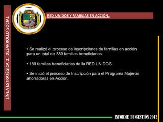 RED UNIDOS Y FAMILIAS EN ACCIÓN.
LÍNEA ESTRATÉGICA 2. DESARROLLO SOCIAL




                                         • Se realizó el proceso de inscripciones de familias en acción
                                         para un total de 380 familias beneficiarias.

                                         • 180 familias beneficiarias de la RED UNIDOS.

                                         • Se inició el proceso de Inscripción para el Programa Mujeres
                                         ahorradoras en Acción.
 