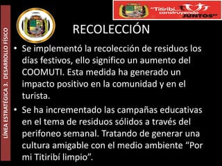 RECOLECCIÓN
LÍNEA ESTRATÉGICA 3. DESARROLLO FÍSICO




                                         • Se implementó la recolección de residuos los
                                           días festivos, ello significo un aumento del
                                           COOMUTI. Esta medida ha generado un
                                           impacto positivo en la comunidad y en el
                                           turista.
                                         • Se ha incrementado las campañas educativas
                                           en el tema de residuos sólidos a través del
                                           perifoneo semanal. Tratando de generar una
                                           cultura amigable con el medio ambiente “Por
                                           mi Titiribí limpio”.
 