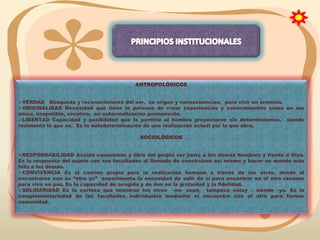 ANTROPOLÓGICOS
VERDAD Búsqueda y reconocimiento del ser, su origen y consecuencias, para vivir en armonía.
ORIGINALIDAD Necesidad que tiene la persona de crear experiencias y conocimientos como un ser
único, irrepetible, creativo, en autorrealización permanente.
LIBERTAD Capacidad y posibilidad que le permite al hombre proyectarse sin determinismos, siendo
realmente lo que es. Es la autodeterminación de una realización actual por la que obra.

SOCIOLÓGICOS
RESPONSABILIDAD Acción consciente y libre del propio ser junto a los demás hombres y frente a Dios.
Es la respuesta del sujeto con sus facultades al llamado de construirse así mismo y hacer un mundo más
feliz a los demás.
CONVIVENCIA Es el camino propio para la realización humana a través de los otros, donde al
encontrarse con su “otro yo” experimenta la necesidad de salir de sí para encontrar en el otro razones
para vivir en paz. Es la capacidad de acogida y de don en la gratuidad y la fidelidad.
SOLIDARIDAD Es la certeza que mientras los otros -no- sean, tampoco estoy – siendo –yo. Es la
complementariedad de las facultades individuales mediante el encuentro con el otro para formar
comunidad.

 