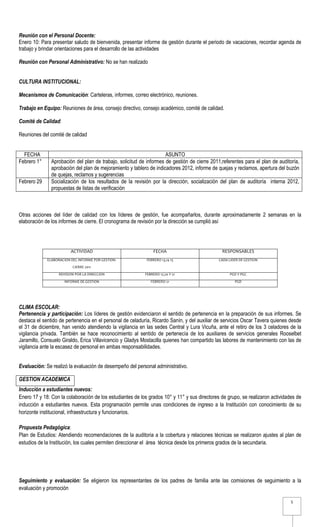 Reunión con el Personal Docente:
Enero 10: Para presentar saludo de bienvenida, presentar informe de gestión durante el periodo de vacaciones, recordar agenda de
trabajo y brindar orientaciones para el desarrollo de las actividades

Reunión con Personal Administrativo: No se han realizado


CULTURA INSTITUCIONAL:

Mecanismos de Comunicación: Carteleras, informes, correo electrónico, reuniones.

Trabajo en Equipo: Reuniones de área, consejo directivo, consejo académico, comité de calidad.

Comité de Calidad:

Reuniones del comité de calidad


  FECHA                                                              ASUNTO
Febrero 1°     Aprobación del plan de trabajo, solicitud de informes de gestión de cierre 2011,referentes para el plan de auditoría,
               aprobación del plan de mejoramiento y tablero de indicadores 2012, informe de quejas y reclamos, apertura del buzón
               de quejas, reclamos y sugerencias
Febrero 29     Socialización de los resultados de la revisión por la dirección, socialización del plan de auditoría interna 2012,
               propuestas de listas de verificación



Otras acciones del líder de calidad con los líderes de gestión, fue acompañarlos, durante aproximadamente 2 semanas en la
elaboración de los informes de cierre. El cronograma de revisión por la dirección se cumplió así




                         ACTIVIDAD                              FECHA                          RESPONSABLES
             ELABORACION DEL INFORME POR GESTION-           FEBRERO 13,14 15                  CADA LIDER DE GESTION
                          CIERRE 2011

                   REVISION POR LA DIRECCION               FEBRERO 17,20 Y 21                      PGD Y PGC
                      INFORME DE GESTION                      FEBRERO 21                              PGD




CLIMA ESCOLAR:
Pertenencia y participación: Los líderes de gestión evidenciaron el sentido de pertenencia en la preparación de sus informes. Se
destaca el sentido de pertenencia en el personal de celaduría, Ricardo Sanín, y del auxiliar de servicios Oscar Tavera quienes desde
el 31 de diciembre, han venido atendiendo la vigilancia en las sedes Central y Lura Vicuña, ante el retiro de los 3 celadores de la
vigilancia privada. También se hace reconocimiento al sentido de pertenecía de los auxiliares de servicios generales Rooselbet
Jaramillo, Consuelo Giraldo, Erica Villavicencio y Gladys Mostacilla quienes han compartido las labores de mantenimiento con las de
vigilancia ante la escasez de personal en ambas responsabilidades.


Evaluación: Se realizó la evaluación de desempeño del personal administrativo.

GESTION ACADEMICA
Inducción a estudiantes nuevos:
Enero 17 y 18: Con la colaboración de los estudiantes de los grados 10° y 11° y sus directores de grupo, se realizaron actividades de
inducción a estudiantes nuevos. Esta programación permite unas condiciones de ingreso a la Institución con conocimiento de su
horizonte institucional, infraestructura y funcionarios.

Propuesta Pedagógica:
Plan de Estudios: Atendiendo recomendaciones de la auditoria a la cobertura y relaciones técnicas se realizaron ajustes al plan de
estudios de la Institución, los cuales permiten direccionar el área técnica desde los primeros grados de la secundaria.




Seguimiento y evaluación: Se eligieron los representantes de los padres de familia ante las comisiones de seguimiento a la
evaluación y promoción

                                                                                                                                5
 