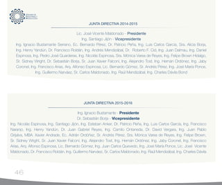 46
Lic. José Vicente Maldonado - Presidente
Ing. Santiago Jijón - Vicepresidente
Ing. Ignacio Bustamante Serrano, Ec. Bernardo Pérez, Dr. Patricio Peña, Ing. Luis Carlos García, Sra. Alicia Borja,
Ing. Henry Yandún, Dr. Francisco Roldán, Ing. Andrés Mendizábal, Dr. Roberto F. Cid, Ing. Juan Dalmau, Ing. Daniel
Espinosa, Ing. Pedro José Guarderas, Ing. Nicolás Espinosa, Sra. Mónica Varea de Reyes, Ing. Felipe Brown Hidalgo,
Sr. Sidney Wright, Dr. Sebastián Borja, Sr. Juan Xavier Falconí, Ing. Alejandro Tost, Ing. Hernán Ordónez, Ing. Jaby
Coronel, Ing. Francisco Arias, Arq. Alfonso Espinosa, Lic. Bernardo Gómez, Sr. Andrés Pérez, Ing. José María Ponce,
Ing. Guillermo Narváez, Sr. Carlos Maldonado, Ing. Raúl Mendizábal, Ing. Charles Dávila Bond
JUNTA DIRECTIVA 2014-2015
Ing. Ignacio Bustamante - Presidente
Dr. Sebastián Borja - Vicepresidente
Ing. Nicolás Espinosa, Ing. Santiago Jijón, Ing. Esteban Anker, Dr. Patricio Peña, Ing. Luis Carlos García, Ing. Francisco
Naranjo, Ing. Henry Yandún, Dr. Juan Gabriel Reyes, Ing. Camilo Ontaneda, Dr. David Vergara, Ing. Juan Pablo
Grijalva, MBA. Xavier Andrade, Ec. Adrián Ordóñez, Sr. Andrés Pérez, Sra. Mónica Varea de Reyes, Ing. Felipe Brown,
Sr. Sidney Wright, Sr. Juan Xavier Falconí, Ing. Alejandro Tost, Ing. Hernán Ordónez, Ing. Jaby Coronel, Ing. Francisco
Arias, Arq. Alfonso Espinosa, Lic. Bernardo Gómez, Ing. Juan Carlos Quevedo, Ing. José María Ponce, Lic. José Vicente
Maldonado, Dr. Francisco Roldán, Ing. Guillermo Narváez, Sr. Carlos Maldonado, Ing. Raúl Mendizábal, Ing. Charles Dávila
JUNTA DIRECTIVA 2015-2016
 