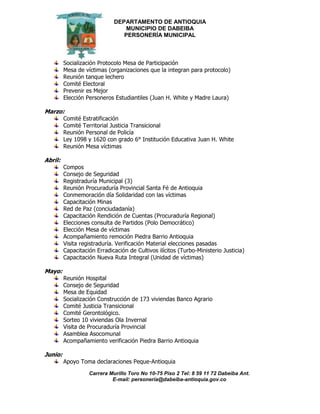 DEPARTAMENTO DE ANTIOQUIA
MUNICIPIO DE DABEIBA
PERSONERÍA MUNICIPAL
Carrera Murillo Toro No 10-75 Piso 2 Tel: 8 59 11 72 Dabeiba Ant.
E-mail: personería@dabeiba-antioquia.gov.co
Socialización Protocolo Mesa de Participación
Mesa de víctimas (organizaciones que la integran para protocolo)
Reunión tanque lechero
Comité Electoral
Prevenir es Mejor
Elección Personeros Estudiantiles (Juan H. White y Madre Laura)
Marzo:
Comité Estratificación
Comité Territorial Justicia Transicional
Reunión Personal de Policía
Ley 1098 y 1620 con grado 6° Institución Educativa Juan H. White
Reunión Mesa víctimas
Abril:
Compos
Consejo de Seguridad
Registraduría Municipal (3)
Reunión Procuraduría Provincial Santa Fé de Antioquia
Conmemoración día Solidaridad con las víctimas
Capacitación Minas
Red de Paz (conciudadanía)
Capacitación Rendición de Cuentas (Procuraduría Regional)
Elecciones consulta de Partidos (Polo Democrático)
Elección Mesa de víctimas
Acompañamiento remoción Piedra Barrio Antioquia
Visita registraduría. Verificación Material elecciones pasadas
Capacitación Erradicación de Cultivos ilícitos (Turbo-Ministerio Justicia)
Capacitación Nueva Ruta Integral (Unidad de víctimas)
Mayo:
Reunión Hospital
Consejo de Seguridad
Mesa de Equidad
Socialización Construcción de 173 viviendas Banco Agrario
Comité Justicia Transicional
Comité Gerontológico.
Sorteo 10 viviendas Ola Invernal
Visita de Procuraduría Provincial
Asamblea Asocomunal
Acompañamiento verificación Piedra Barrio Antioquia
Junio:
Apoyo Toma declaraciones Peque-Antioquia
 