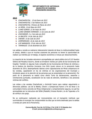 DEPARTAMENTO DE ANTIOQUIA
MUNICIPIO DE DABEIBA
PERSONERÍA MUNICIPAL
Carrera Murillo Toro No 10-75 Piso 2 Tel: 8 59 11 72 Dabeiba Ant.
E-mail: personería@dabeiba-antioquia.gov.co
2015
CHACHAFRUTAL: 15 de Enero de 2015
CHACHAFRUTAL: 5 de Febrero de 2015
CHACHAFRUTAL: Primero de Marzo de 2015
LA MESA: 14 de Mayo de 2015
LLANO GORDO: 21 de mayo de 2015
LLANO GRANDE CHIMIADO: 11 de Junio de 2015
CHICHIRIDÓ: 2 y 3 de Julio de 2015
LA BALSITA: 14 de Julio de 2015
CHEVER: 15 de Julio de 2015
CAMPARRUSIA: 16 de Julio de 2015
LOS NARANJOS: 23 de Julio de 2015
TAPARALES: 10 de diciembre de 2015
Las salidas a vereda se realizaron básicamente tratando de llevar la institucionalidad hasta
el campo, debido a que en muchas ocasiones las personas no tienen la oportunidad de
realizar sus trámites por el trabajo, el aspecto económico e incluso por desconocimiento.
La mayoría de las Jornadas estuvieron acompañadas por salud pública de la E.S.E Nuestra
Señora del Perpetuo Socorro, donde se brindaron charlas por parte de las funcionarias del
hospital. También en algunas hubo compañía de las funcionarias del Enlace de víctimas y
de la Gestora de derechos Humanos Lina Ortíz (quien estuvo en la personería hasta
diciembre de 2014, desempeñando labores como capacitaciones de Minas antipersona en
las veredas, capacitación en ley de víctimas en las organizaciones del municipio y
brindando apoyo en la atención de las personas que se presentaban en la personería). Por
parte de la personería se realizó como oferta Toma de declaraciones, asesorías y
orientaciones puntuales, socialización de las rutas de atención, beneficios a las personas
víctimas del conflicto.
Las visitas a las veredas Chachafrutal y chichiridó fueron para realizar seguimiento a
denuncias públicas. Las de la Balsita, Chever y Camparrusia fueron a fin de llevar a la
comunidad el tema concreto de Minas Antipersonal y comportamiento seguros, la cual fue
acompañada por la instructora del SENA (Medellín) Viviana Román y la de Taparales a fin
de verificar una queja.
No se continuaron realizando por inconvenientes con el transporte (vehículo que
suministraba el municipio fue comprometido los días que se tenía destinado para la salidas
a vereda por parte de la Personería).
 