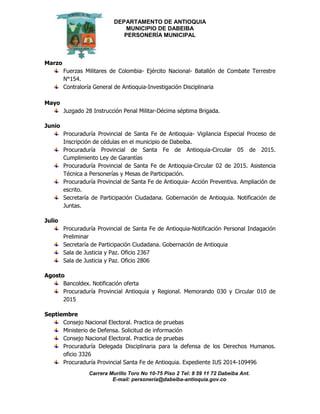 DEPARTAMENTO DE ANTIOQUIA
MUNICIPIO DE DABEIBA
PERSONERÍA MUNICIPAL
Carrera Murillo Toro No 10-75 Piso 2 Tel: 8 59 11 72 Dabeiba Ant.
E-mail: personería@dabeiba-antioquia.gov.co
Marzo
Fuerzas Militares de Colombia- Ejército Nacional- Batallón de Combate Terrestre
N°154.
Contraloría General de Antioquia-Investigación Disciplinaria
Mayo
Juzgado 28 Instrucción Penal Militar-Décima séptima Brigada.
Junio
Procuraduría Provincial de Santa Fe de Antioquia- Vigilancia Especial Proceso de
Inscripción de cédulas en el municipio de Dabeiba.
Procuraduría Provincial de Santa Fe de Antioquia-Circular 05 de 2015.
Cumplimiento Ley de Garantías
Procuraduría Provincial de Santa Fe de Antioquia-Circular 02 de 2015. Asistencia
Técnica a Personerías y Mesas de Participación.
Procuraduría Provincial de Santa Fe de Antioquia- Acción Preventiva. Ampliación de
escrito.
Secretaría de Participación Ciudadana. Gobernación de Antioquia. Notificación de
Juntas.
Julio
Procuraduría Provincial de Santa Fe de Antioquia-Notificación Personal Indagación
Preliminar
Secretaría de Participación Ciudadana. Gobernación de Antioquia
Sala de Justicia y Paz. Oficio 2367
Sala de Justicia y Paz. Oficio 2806
Agosto
Bancoldex. Notificación oferta
Procuraduría Provincial Antioquia y Regional. Memorando 030 y Circular 010 de
2015
Septiembre
Consejo Nacional Electoral. Practica de pruebas
Ministerio de Defensa. Solicitud de información
Consejo Nacional Electoral. Practica de pruebas
Procuraduría Delegada Disciplinaria para la defensa de los Derechos Humanos.
oficio 3326
Procuraduría Provincial Santa Fe de Antioquia. Expediente IUS 2014-109496
 