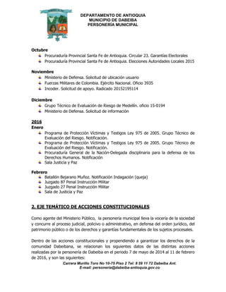 DEPARTAMENTO DE ANTIOQUIA
MUNICIPIO DE DABEIBA
PERSONERÍA MUNICIPAL
Carrera Murillo Toro No 10-75 Piso 2 Tel: 8 59 11 72 Dabeiba Ant.
E-mail: personería@dabeiba-antioquia.gov.co
Octubre
Procuraduría Provincial Santa Fe de Antioquia. Circular 23. Garantías Electorales
Procuraduría Provincial Santa Fe de Antioquia. Elecciones Autoridades Locales 2015
Noviembre
Ministerio de Defensa. Solicitud de ubicación usuario
Fuerzas Militares de Colombia. Ejército Nacional. Oficio 3935
Incoder. Solicitud de apoyo. Radicado 20152195114
Diciembre
Grupo Técnico de Evaluación de Riesgo de Medellín. oficio 15-0194
Ministerio de Defensa. Solicitud de información
2016
Enero
Programa de Protección Víctimas y Testigos Ley 975 de 2005. Grupo Técnico de
Evaluación del Riesgo. Notificación.
Programa de Protección Víctimas y Testigos Ley 975 de 2005. Grupo Técnico de
Evaluación del Riesgo. Notificación.
Procuraduría General de la Nación-Delegada disciplinaria para la defensa de los
Derechos Humanos. Notificación
Sala Justicia y Paz
Febrero
Batallón Bejarano Muñoz. Notificación Indagación (queja)
Juzgado 87 Penal Instrucción Militar
Juzgado 27 Penal Instrucción Militar
Sala de Justicia y Paz
2. EJE TEMÁTICO DE ACCIONES CONSTITUCIONALES
Como agente del Ministerio Público, la personería municipal lleva la vocería de la sociedad
y concurre al proceso judicial, policivo o administrativo, en defensa del orden jurídico, del
patrimonio público o de los derechos y garantías fundamentales de los sujetos procesales.
Dentro de las acciones constitucionales y propendiendo a garantizar los derechos de la
comunidad Dabeibana, se relacionan los siguientes datos de las distintas acciones
realizadas por la personería de Dabeiba en el periodo 7 de mayo de 2014 al 11 de febrero
de 2016, y son las siguientes:
 