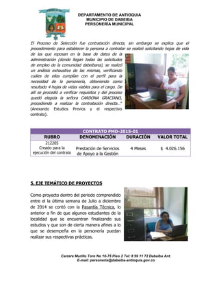 DEPARTAMENTO DE ANTIOQUIA
MUNICIPIO DE DABEIBA
PERSONERÍA MUNICIPAL
Carrera Murillo Toro No 10-75 Piso 2 Tel: 8 59 11 72 Dabeiba Ant.
E-mail: personería@dabeiba-antioquia.gov.co
El Proceso de Selección fue contratación directa, sin embargo se explica que el
procedimiento para establecer la persona a contratar se realizó solicitando hojas de vida
de las que reposan en la base de datos de la
administración (donde llegan todas las solicitudes
de empleo de la comunidad dabeibana), se realizó
un análisis exhaustivo de las mismas, verificando
cuáles de ellas cumplían con el perfil para la
necesidad de la personería, obteniendo como
resultado 4 hojas de vidas viables para el cargo. De
allí se procedió a verificar requisitos y del proceso
quedó elegida la señora CARDONA GRACIANO,
procediendo a realizar la contratación directa…”
(Anexando Estudios Previos y el respectivo
contrato).
CONTRATO PMD-2015-01
RUBRO DENOMINACIÓN DURACIÓN VALOR TOTAL
212205
Creado para la
ejecución del contrato
Prestación de Servicios
de Apoyo a la Gestión
4 Meses $ 4.026.156
5. EJE TEMÁTICO DE PROYECTOS
Como proyecto dentro del periodo comprendido
entre el la última semana de Julio a diciembre
de 2014 se contó con la Pasantía Técnica, lo
anterior a fin de que algunos estudiantes de la
localidad que se encuentran finalizando sus
estudios y que son de cierta manera afines a lo
que se desempeña en la personería puedan
realizar sus respectivas prácticas.
 