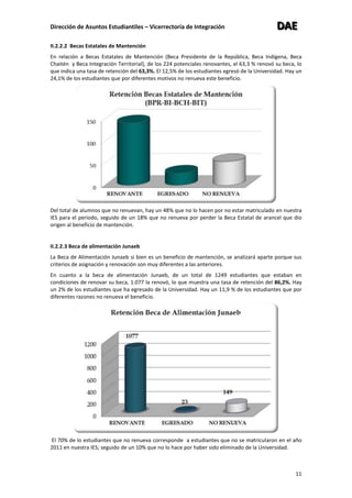 Dirección de Asuntos Estudiantiles – Vicerrectoría de Integración DDDAAAEEE
11
II.2.2.2 Becas Estatales de Mantención
En relación a Becas Estatales de Mantención (Beca Presidente de la República, Beca Indígena, Beca
Chaitén y Beca Integración Territorial), de los 224 potenciales renovantes, el 63,3 % renovó su beca, lo
que indica una tasa de retención del 63,3%. El 12,5% de los estudiantes egresó de la Universidad. Hay un
24,1% de los estudiantes que por diferentes motivos no renueva este beneficio.
Del total de alumnos que no renuevan, hay un 48% que no lo hacen por no estar matriculado en nuestra
IES para el periodo, seguido de un 18% que no renueva por perder la Beca Estatal de arancel que dio
origen al beneficio de mantención.
II.2.2.3 Beca de alimentación Junaeb
La Beca de Alimentación Junaeb si bien es un beneficio de mantención, se analizará aparte porque sus
criterios de asignación y renovación son muy diferentes a las anteriores.
En cuanto a la beca de alimentación Junaeb, de un total de 1249 estudiantes que estaban en
condiciones de renovar su beca, 1.077 la renovó, lo que muestra una tasa de retención del 86,2%. Hay
un 2% de los estudiantes que ha egresado de la Universidad. Hay un 11,9 % de los estudiantes que por
diferentes razones no renueva el beneficio.
El 70% de lo estudiantes que no renueva corresponde a estudiantes que no se matricularon en el año
2011 en nuestra IES; seguido de un 10% que no lo hace por haber sido eliminado de la Universidad.
 