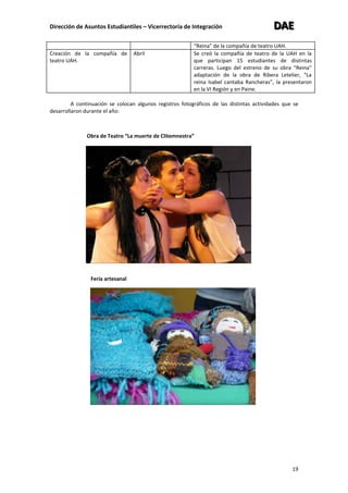 Dirección de Asuntos Estudiantiles – Vicerrectoría de Integración DDDAAAEEE
19
“Reina” de la compañía de teatro UAH.
Creación de la compañía de
teatro UAH.
Abril Se creó la compañía de teatro de la UAH en la
que participan 15 estudiantes de distintas
carreras. Luego del estreno de su obra “Reina”
adaptación de la obra de Ribera Letelier, “La
reina Isabel cantaba Rancheras”, la presentaron
en la VI Región y en Paine.
A continuación se colocan algunos registros fotográficos de las distintas actividades que se
desarrollaron durante el año:
Obra de Teatro “La muerte de Clitemnestra”
Feria artesanal
 