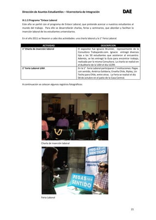 Dirección de Asuntos Estudiantiles – Vicerrectoría de Integración DDDAAAEEE
21
III.1.3 Programa “Enlace Laboral
Este año se partió con el programa de Enlace Laboral, que pretende acercar a nuestros estudiantes al
mundo del trabajo. Para ello se desarrollarán charlas, ferias y seminarios, que abordan y facilitan la
inserción laboral de los estudiantes universitarios.
En el año 2011 se llevaron a cabo dos actividades: una charla laboral y la 1° Feria Laboral.
ACTIVIDAD DESCRIPCION
1° Charla de inserción laboral El expositor fue Ignacio Brunner, representante de la
Consultora Trabajando.com. Ignacio entregó diversos
tips a los 50 estudiantes que asistieron al encuentro.
Además, se les entregó la Guía para encontrar trabajo,
realizada por la misma Consultora. La charla se realizó en
el Auditorio de la UAH el día 12/09.
1° Feria Laboral UAH En la 1° Feria Laboral participaron 7 instituciones: Pegas
con sentido, América Solidaria, Enseña Chile, Ripley, Un
Techo para Chile, entre otras. La Feria se realizó el día
04 de octubre en el patio de la Casa Central.
A continuación se colocan algunos registros fotográficos:
Charla de inserción laboral
Feria Laboral
 