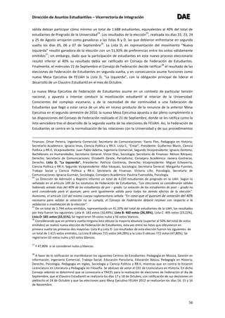 Dirección de Asuntos Estudiantiles – Vicerrectoría de Integración DDDAAAEEE
56
válida debían participar cómo mínimo un total de 1.688 estudiantes, equivalentes al 40% del total de
estudiantes de Pregrado de la Universidad
24
. Los resultados de la elección
25
, realizada los días 22, 23, 24
y 25 de Agosto arrojaron como ganadoras a las listas B y D, las que debieron enfrentarse en segunda
vuelta los días 05, 06 y 07 de Septiembre
26
. La Lista D, en representación del movimiento “Nueva
Izquierda” resultó ganadora de la elección con un 51,92% de preferencias entre los votos válidamente
emitidos
27
; sin embargo, dado que la participación de estudiantes en este nuevo proceso eleccionario
resultó inferior al 40% su resultado debía ser ratificado en Consejo de Federación de Estudiantes.
Finalmente, el miércoles 21 de Septiembre el Consejo de Federación decide ratificar
28
el resultado de las
elecciones de Federación de Estudiantes en segunda vuelta, y en consecuencia asume funciones como
nueva Mesa Ejecutiva de FEUAH la Lista D, “La Izquierda”, con la obligación principal de liderar el
desarrollo de un Claustro Estudiantil en el mes de Octubre.
La nueva Mesa Ejecutiva de Federación de Estudiantes asume en un contexto de particular tensión
nacional, y apuesta a intentar conducir la movilización estudiantil al interior de la Universidad.
Conscientes del complejo escenario, y de la necesidad de dar continuidad a una Federación de
Estudiantes que llegó a estar cerca de un año en receso producto de la renuncia de la anterior Mesa
Ejecutiva en el segundo semestre de 2010, la nueva Mesa Ejecutiva apuesta a dar pleno cumplimiento a
las disposiciones del Consejo de Federación realizado el 21 de Septiembre, donde se les ratifica como la
lista vencedora tras el desarrollo de la segunda vuelta de las elecciones de FEUAH. Así, la Federación de
Estudiantes se centra en la normalización de las relaciones con la Universidad y de sus procedimientos
Finanzas: Omar Pereira, Ingeniería Comercial; Secretaria de Comunicaciones: Yasna Flos, Pedagogía en Historia;
Secretario Académico: Ignacio Imas, Ciencia Política y RR.II. Lista C, “Crear”, Presidente: Guillermo Marín, Ciencia
Política y RR.II; Vicepresidente: Juan Pablo Adema, Ingeniería Comercial; Segundo Vicepresidente: Ignacio Zenteno,
Bachillerato en Humanidades; Secretario General: Víctor Díaz, Sociología; Secretario de Finanzas: Nelson Bórquez,
Derecho; Secretario de Comunicaciones: Elizabeth Zárate, Periodismo; Consejera Académica: Javiera Contreras,
Derecho. Lista D, “La Izquierda”, Presidente: Patricio Contreras, Derecho; Vicepresidente: Miguel Echeverría,
Ciencia Política y RR.II; Segundo Vicepresidente: Alba Vásquez, Sociología; Secretaria General: Margarita Fuentes,
Trabajo Social y Ciencia Política y RR.II; Secretario de Finanzas: Victoria Lillo, Psicología; Secretario de
Comunicaciones: Ignacia Guzmán, Sociología; Consejero Académico: Paulina Fuenzalida, Psicología.
24
La Dirección de Admisión y Registro informó un total de 4.220 estudiantes de pregrado en la UAH. Según lo
señalado en el artículo 109 de los estatutos de Federación de Estudiantes, “Las elecciones se considerarán válidas
habiendo votado más del 40% de los estudiantes de pre – grado. La votación de los estudiantes de post – grado no
será considerada para el quorum, pero será igualmente válida para todos los demás efectos de la elección”.
Asimismo, el artículo 110 del mismo cuerpo reglamentario señala: “En caso que el quorum de votación del 40%
necesario para validar la votación no se cumpla, el Consejo de Federación deberá resolver con respecto a la
validación o invalidación de la elección”.
25
De un total de 1.744 votos emitidos, representando un 41,33% del total de estudiantes de la UAH, los resultados
por lista fueron los siguientes: Lista A: 183 votos (10,49%), Lista B: 460 votos (26,38%), Lista C: 405 votos (23,22%),
Lista D: 581 votos (33,31%). Se registraron 59 votos nulos y 56 votos blancos.
26
Considerando que en primera vuelta ninguna lista obtuvo la mayoría absoluta (superior al 50% del total de votos
emitidos) se realizó nueva elección de Federación de Estudiantes, esta vez entre las listas que obtuvieron en
primera vuelta las primeras dos mayorías: Lista B y Lista D. Los resultados de esta elección fueron los siguientes: de
un total de 1.615 votos emitidos, La Lista B obtuvo 715 votos (44,28%) y la Lista D obtuvo 772 votos (47,80%). Se
registraron 65 votos nulos y 63 votos blancos.
27
Y 47,80% si se consideran nulos y blancos.
28
A favor de la ratificación se manifestaron los siguientes Centros de Estudiantes: Pedagogía en Música, Gestión en
información, Ingeniería Comercial, Trabajo Social, Educación Parvularia, Educación Básica, Pedagogía en Historia,
Derecho, Psicología, Pedagogía en Ingles, Sociología y Ciencia Política y RR.II, mientras que en contra lo hicieron
Licenciatura en Literatura y Pedagogía en Filosofía. Se abstuvo de votar el CEE de Licenciatura en Historia. En dicho
Consejo además se determinó que se convocaría a TRICEL para la realización de elecciones de Federación el día de
Septiembre, que el Claustro Estudiantil se realizaría los días 17 y 18 de Octubre, con ratificación de sus decisiones en
plebiscito el 24 de Octubre y que las elecciones para Mesa Ejecutiva FEUAH 2012 se realizarían los días 14, 15 y 16
de Noviembre.
 